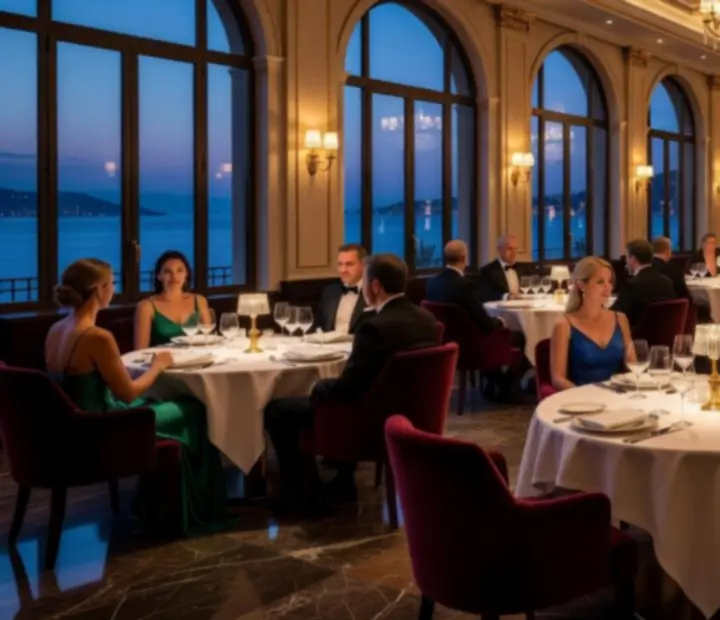 Noćna atmosfera u Zlatni Slot restoranu-casinu s osvijetljenim stolovima i gostima.