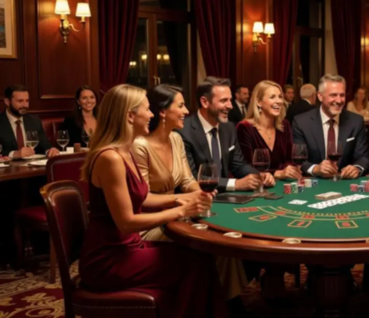 Gosti za casino stolovima u elegantnom ambijentu dok se druže i uživaju u večeri.