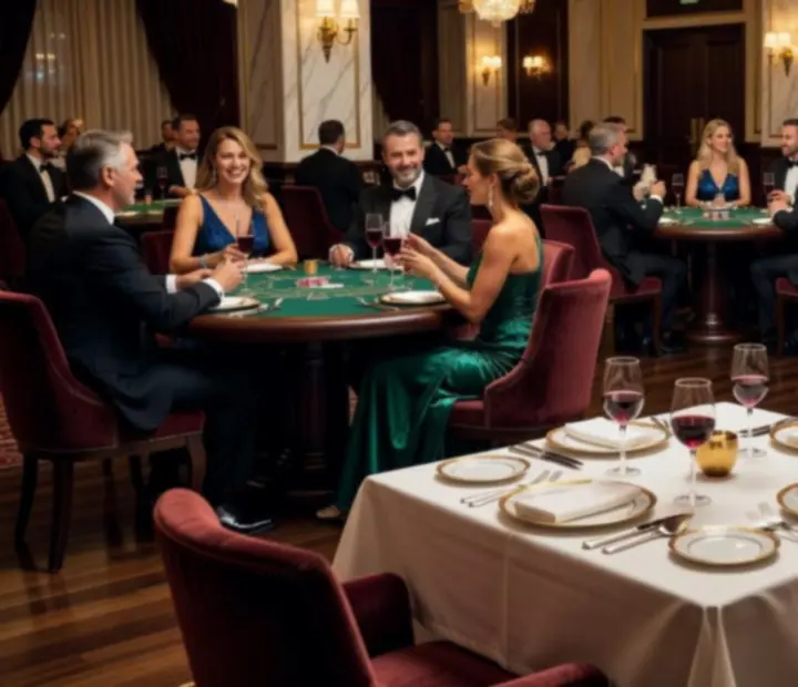 Večernji casino-style ambijent restorana s pogledom na osvijetljene stolove i goste koji uživaju u večeri.