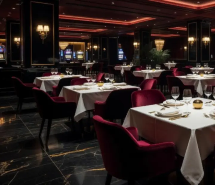 Luksuzan interijer Zlatni Slot casino restorana s elegantno postavljenim stolovima i ambijentalnim svjetlima.