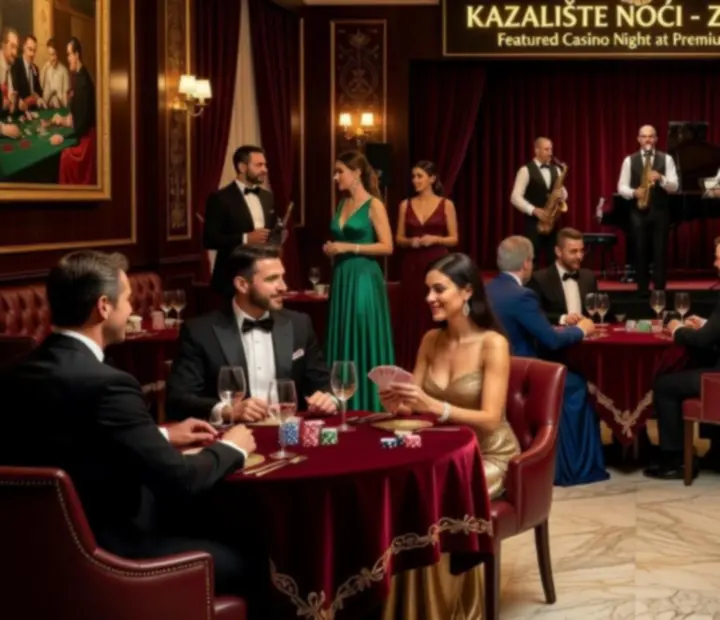 Elegantna casino večer s osvijetljenim stolovima, zlatnim detaljima i večernjom atmosferom.