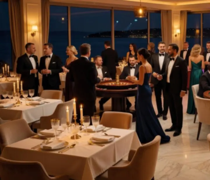 Luksuzni interijer casino restorana Zlatni Slot s ambijentalnim svjetlom i gostima koji uživaju u večeri.