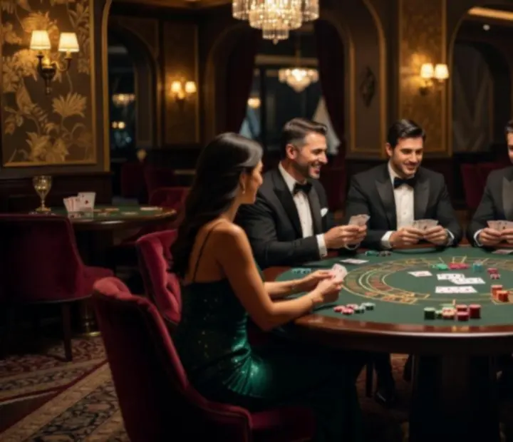 Noćni lounge s casino-inspiriranim stolovima za igre i atmosferičnim osvjetljenjem.