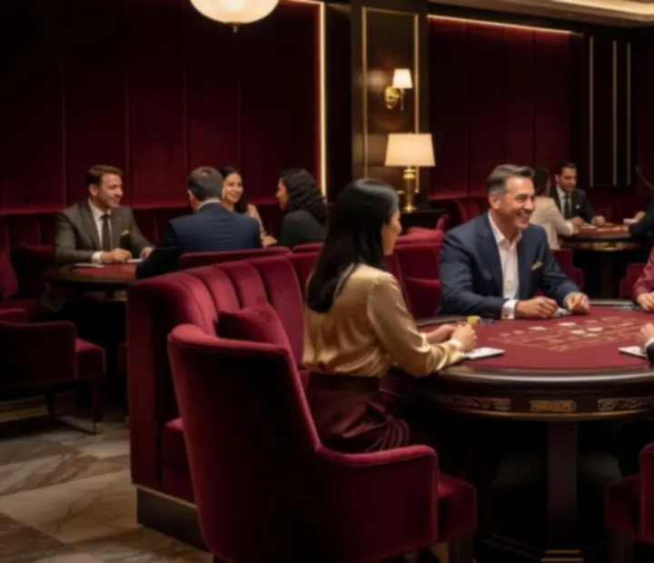 Casino-style lounge sa stolovima za društvenu zabavu i ambijentalnim osvjetljenjem