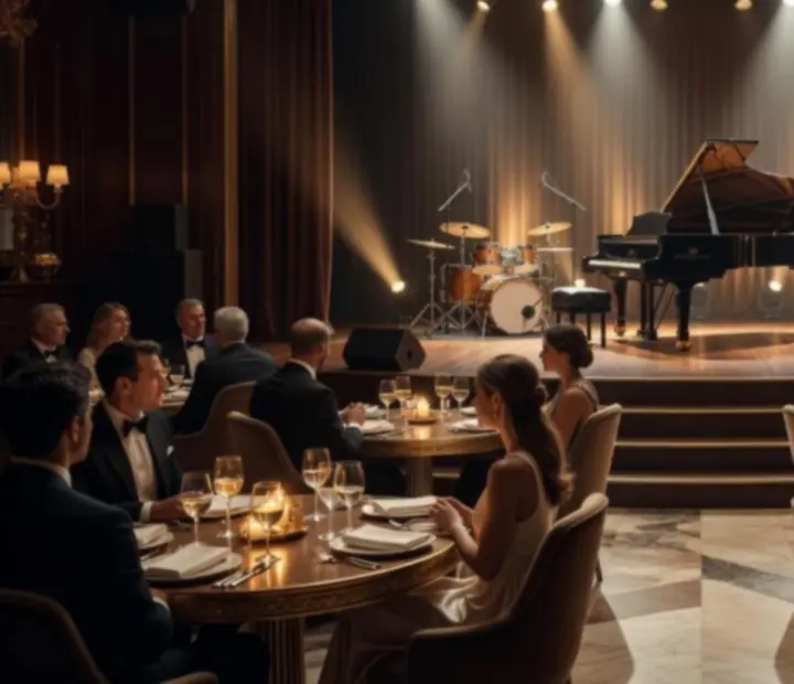 Pozornica za live nastupe u središtu večernjeg programa s modernom rasvjetom